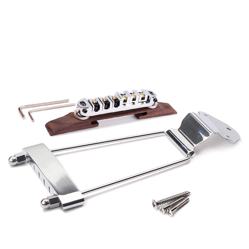 Ogdni Guitar Trapeze Tailpiece Bridge and Saddle Replacement for Jazz Archtop Guitars 6-String Roller, Tune-O-Matic Bridge, (Chrome)