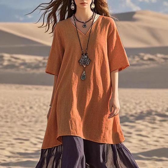 Damen Boho Patchwork Lockeres Kleid Lässiges V-Ausschnitt Kurzarm Swing Kleid Sommer Strandurlaub Sommerkleid