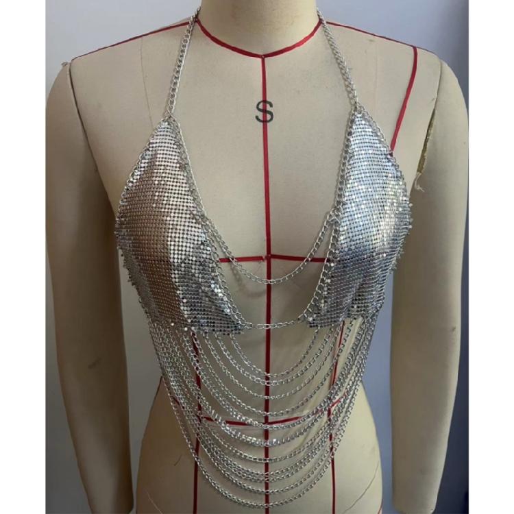 Women Shines Rhinestones Tank Top Halter Body Chain Fishnet Mesh Bra Crop Top Shirt for Night Club Party Raves Outfits