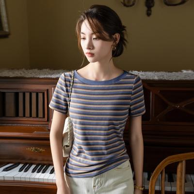 Short-sleeved T-shirt for Women's Summer New Style Women's Contrasting Striped T-shirt Temperament One-shoulder French Waist-closing Top