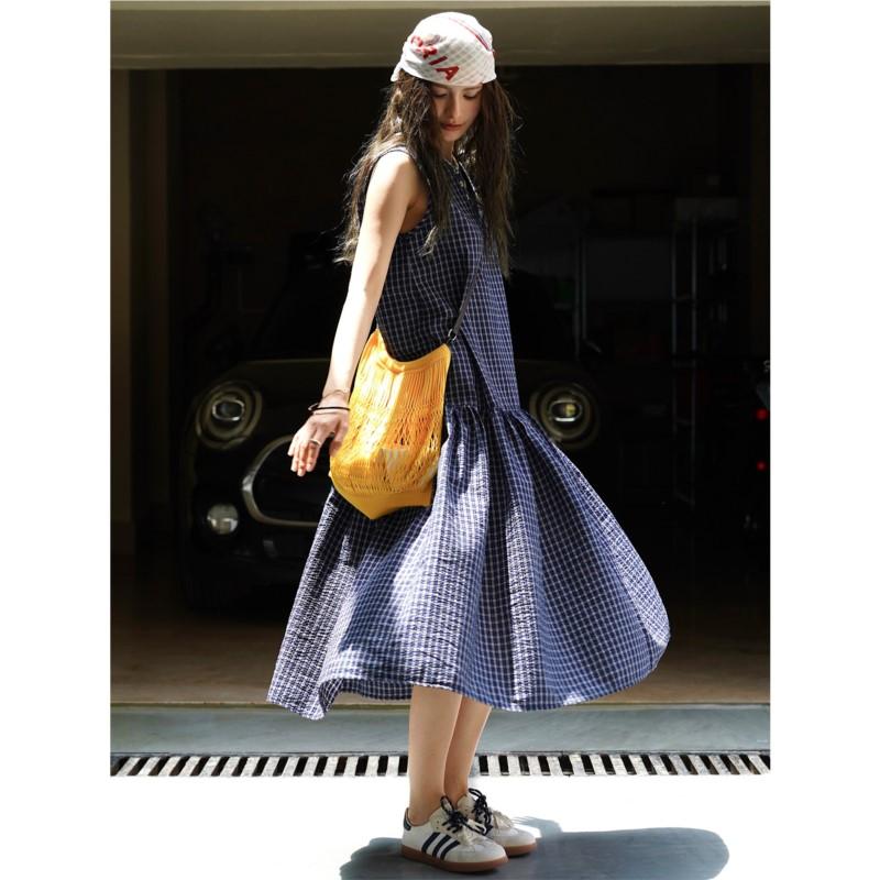 Johnature Sommer Koreanisch Retro Karo Ärmelloses Kleid Lässig Japanisch Locker Damen Pullover Kleider