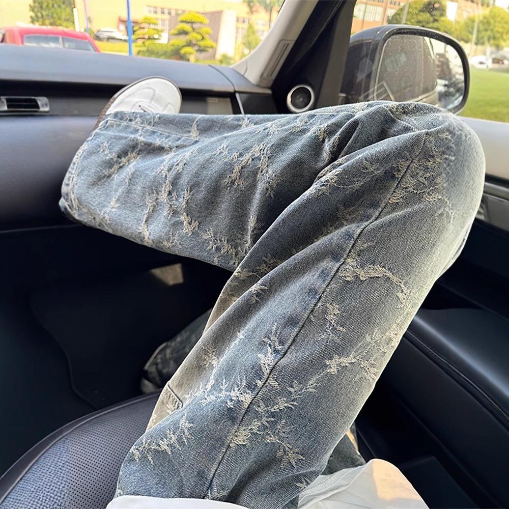 Pánské 2024 Podzimní Slim Straight Leg Prané Žakárové Džíny