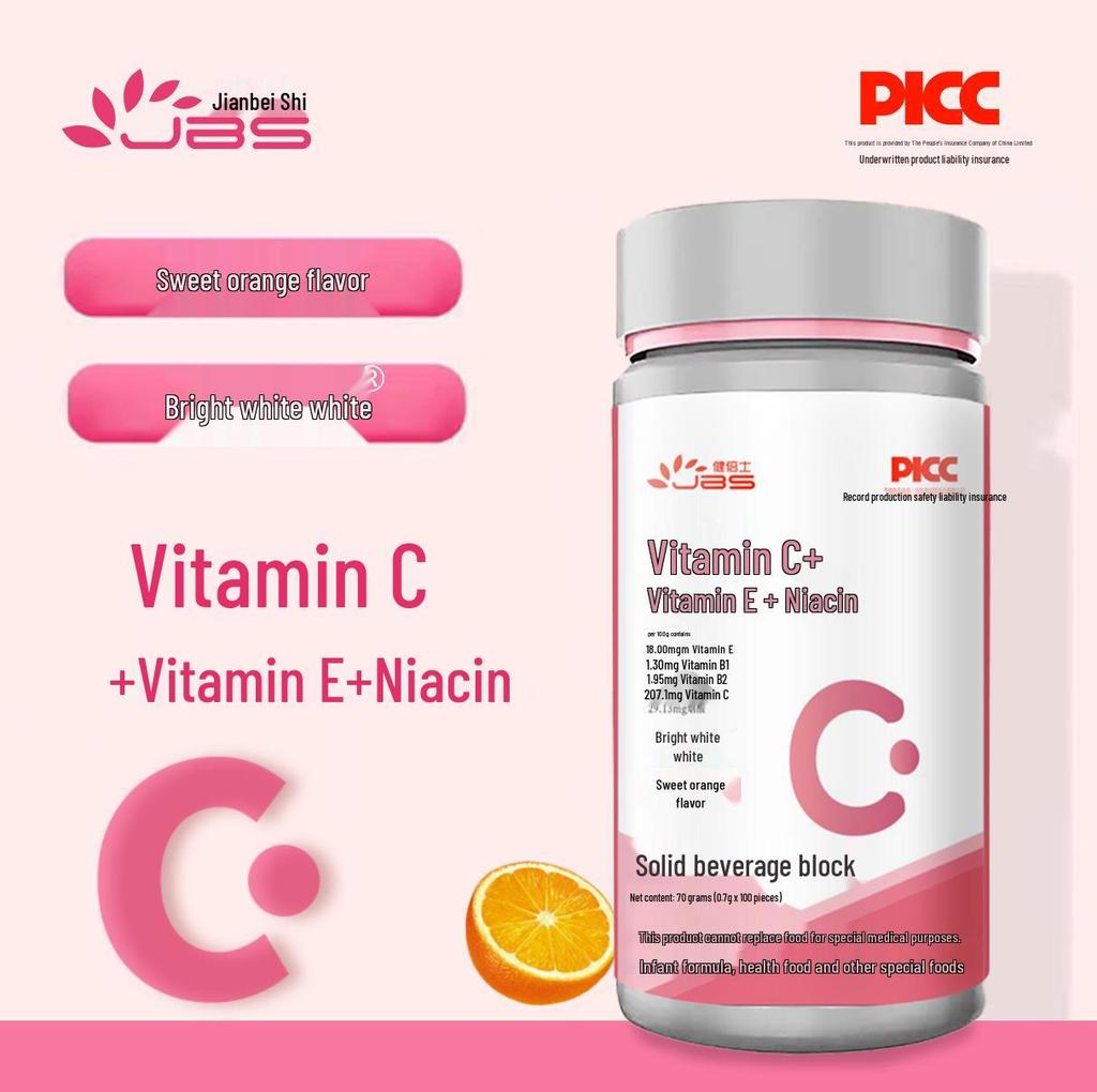 Jianbei Shi Brightening Vitamin C Tablets with B, E, & Niacin - 100 Count, 70g