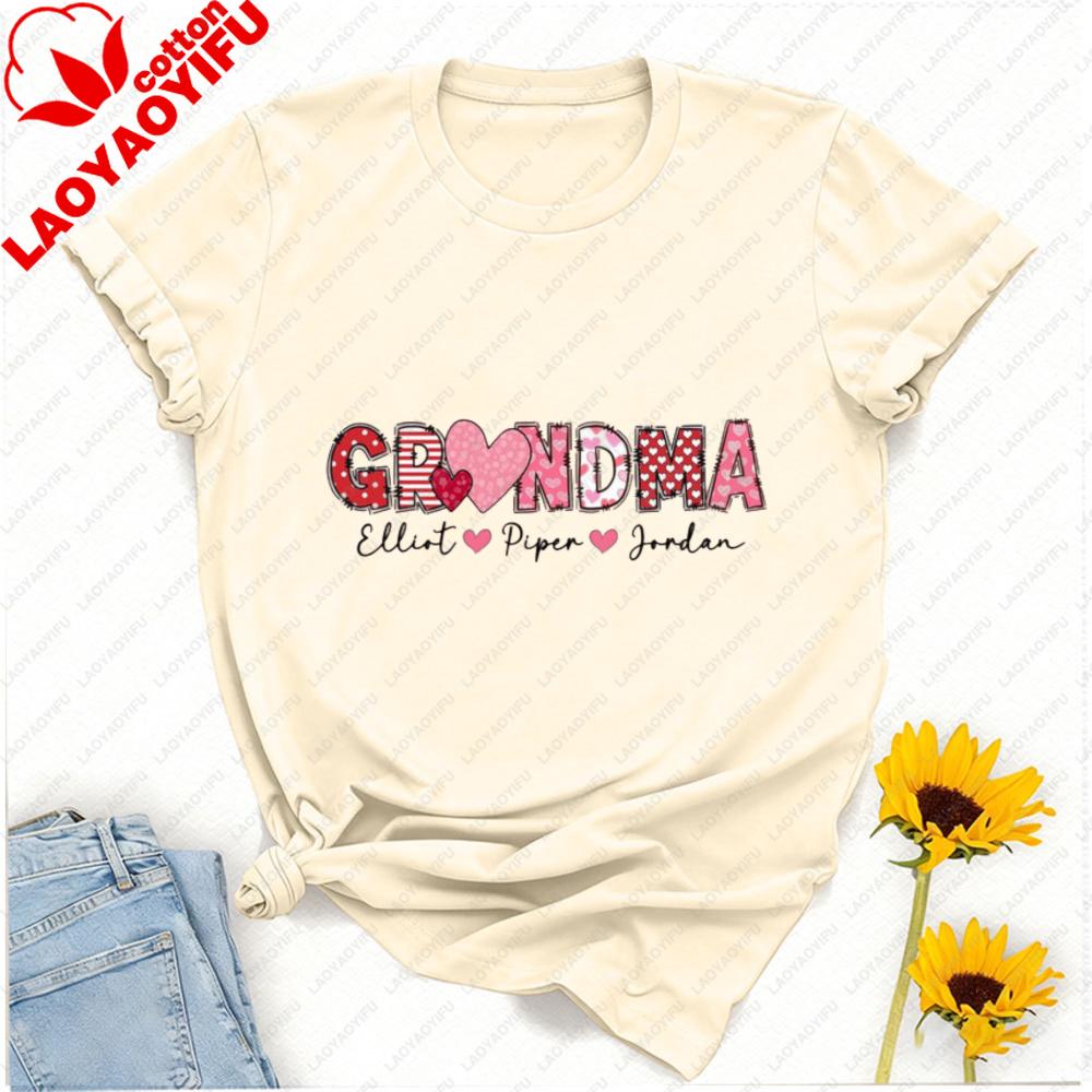 Grandma Day Cotton Shirt Customized with Grandkids Names Personalized Heart TShirt Gigi with Heart Love Tee for Granny Tops