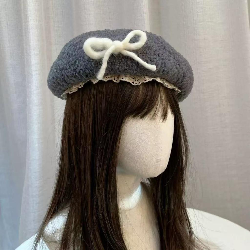 Autumn And Winter Cute Hairy Bow Lace Beret Hats For Women Daily Wear Travel Pography Warm Fashion Versatile Painter Hata