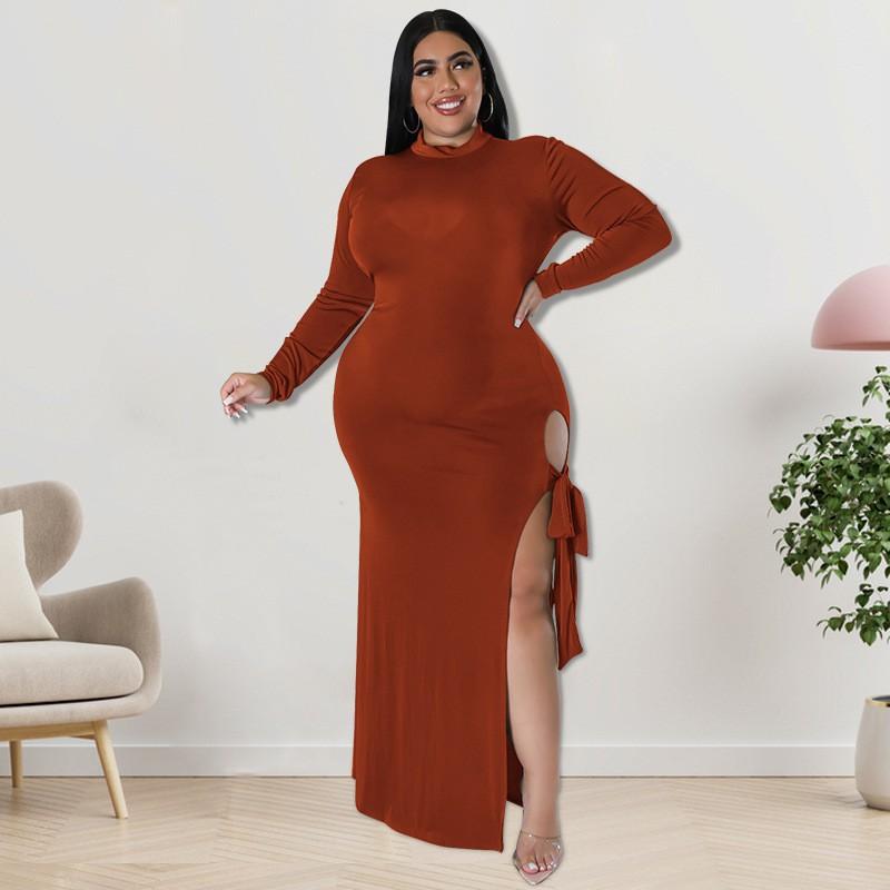 Plus Size Womens Long Sleeve Knit Dress With Zipper Tie Detail Irregular Hem Midi To Maxi In Solid Colors
