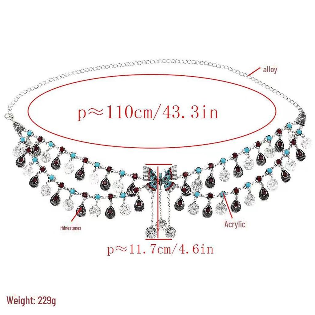 Retro Rhinestone Tassel Double-Layer Necklace Waist and Head Chain in Bohemian Style for Dance