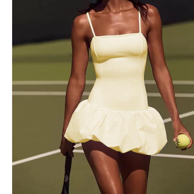 Elegant Cross-Border Sweet Style Camisole with Chest Pad: Pleated Tennis Skirt and Anti-Exposure Puff Design