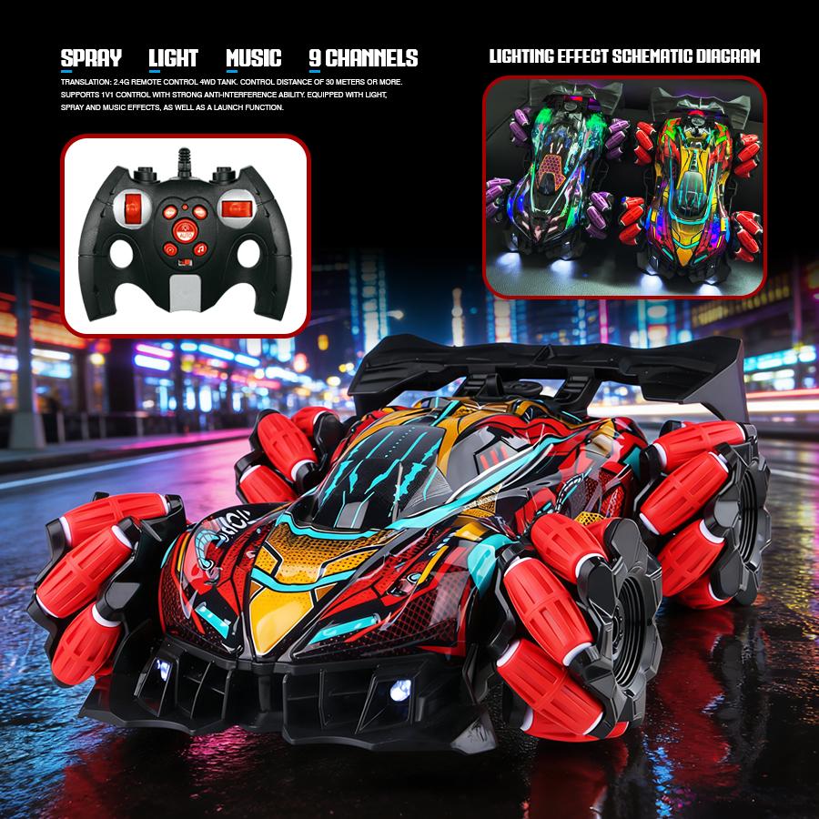 4Wd Rc Stunt Car with Sprayer & Namu Wheels, 2.4g Remote Control Drift Vehicle, Colorful Led Lights & Sound Off-Road Toys Gift F