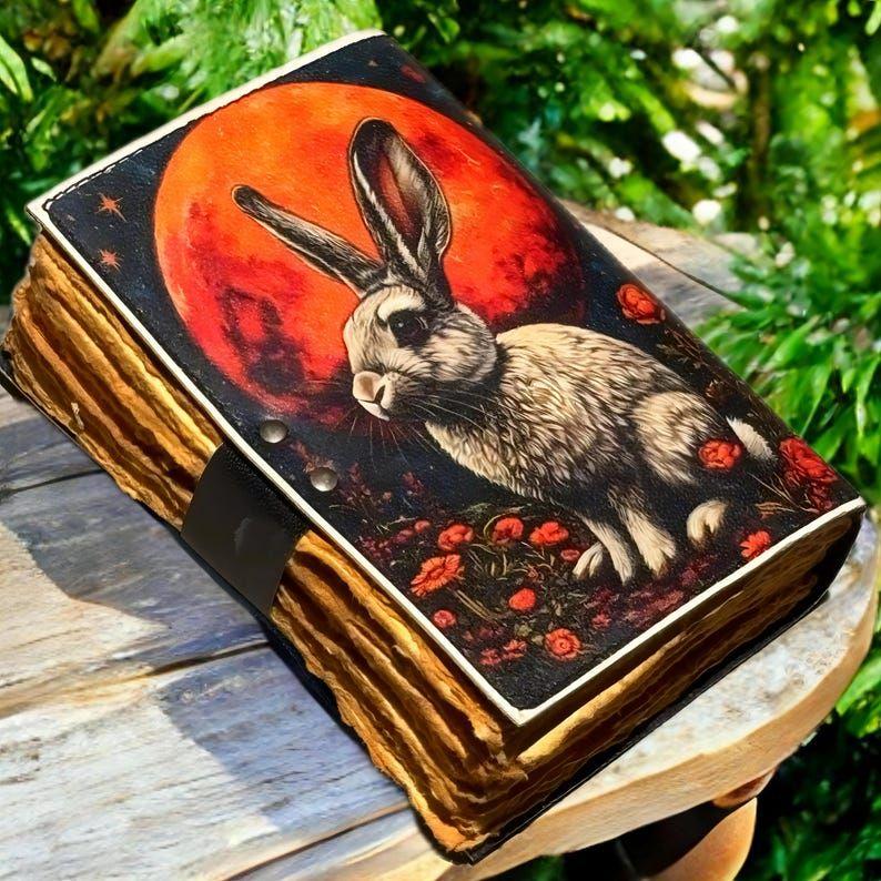 Rabbit Grimoire Leather Journal Notebook Journal for Women - Fat Journal Handmade Deckle Paper Notebook Journal for Gift