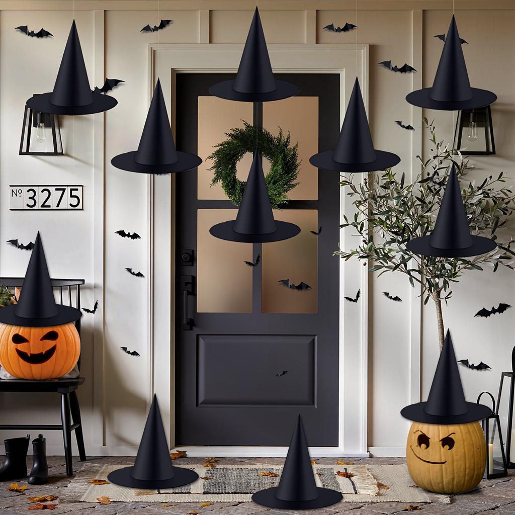 12pcs Black Halloween Witch Hats With 24pcs 3D Bats Wall Decor Halloween Costume Witch Accessories Caps Fancy For Halloween Party Decoration