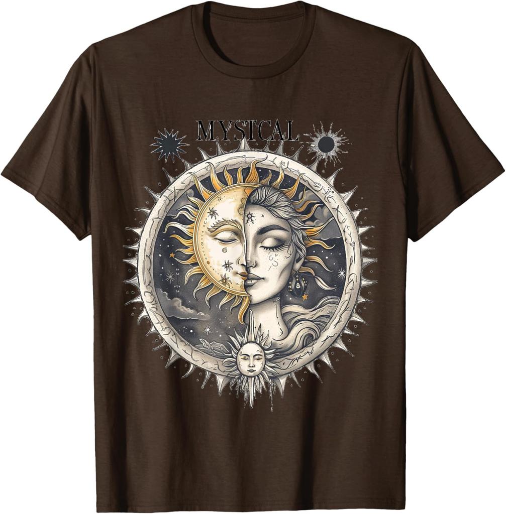 Mystical Sun Moon Face Woman Graphic Tee Soft Cotton Casual Round Neck T-Shirt for Men