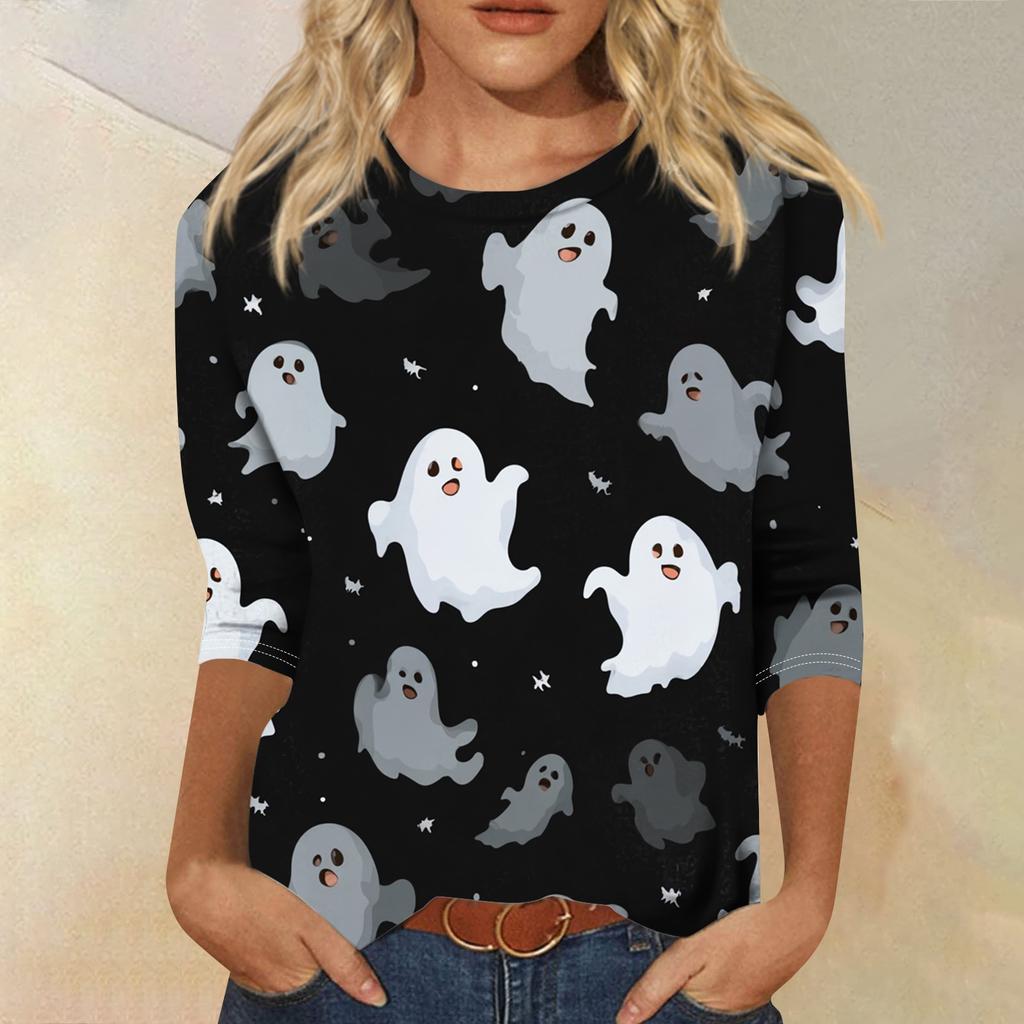 Women's Fashion Casual Round Neck Three-quarter Sleeve Halloween Printed T-shirt Top