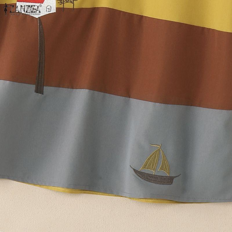 ZANZEA Damska casualowa luźna bluzka z krótkim rękawem, z kołnierzykiem i nadrukiem