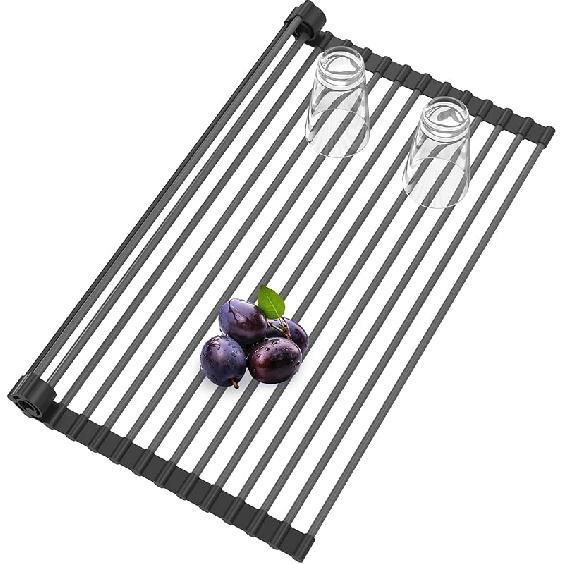 Roll Up Dish Drying Rack, Silicone Wrapped Over The Sink Multipurpose Foldable Dish Drainer Anti-Slip Coated Stainless Steel Dish Racks for Kitchen Black(for Silicone Wrap