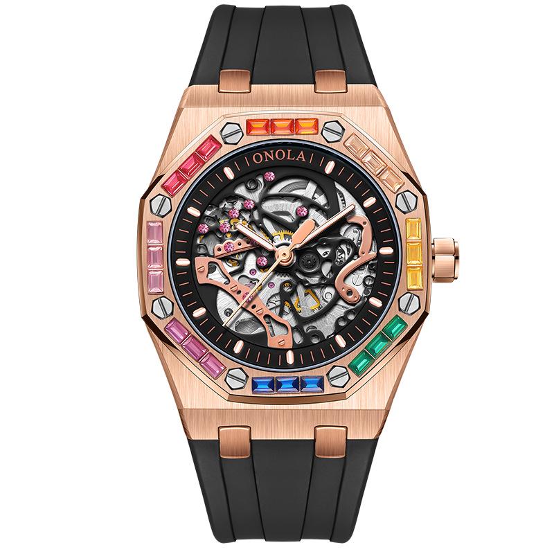 ONOLA Fashion Rainbow Diamond Automatic Mechanical Men s Silicone Strap Waterproof Watch розово-черный