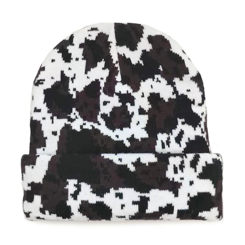 Versatile Cow Jacquard Knit Beanie Black White Warm Windproof Winter Hat