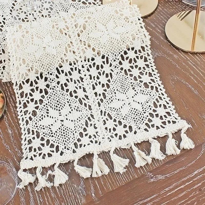 Nordic Crochet Lace Table Runner With Tassel Hollow Tablecloth Romance Wedding Party Table Protector Cover Table Cloth