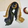 Gradient Blue Cotton-Linen Scarf: Retro Versatile Print, Long Pleated Women's Accessory for Autumn/Winter