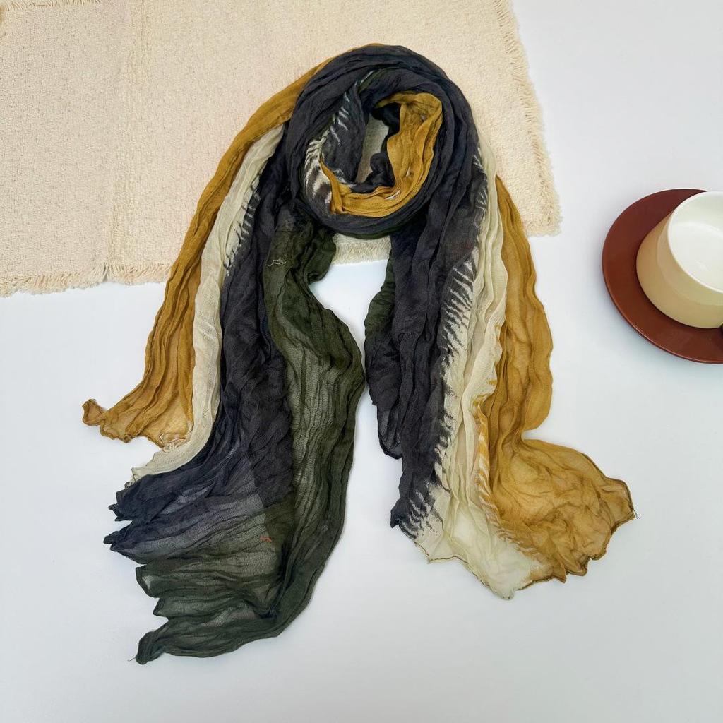 Gradient Blue Cotton-Linen Scarf: Retro Versatile Print, Long Pleated Women's Accessory for Autumn/Winter