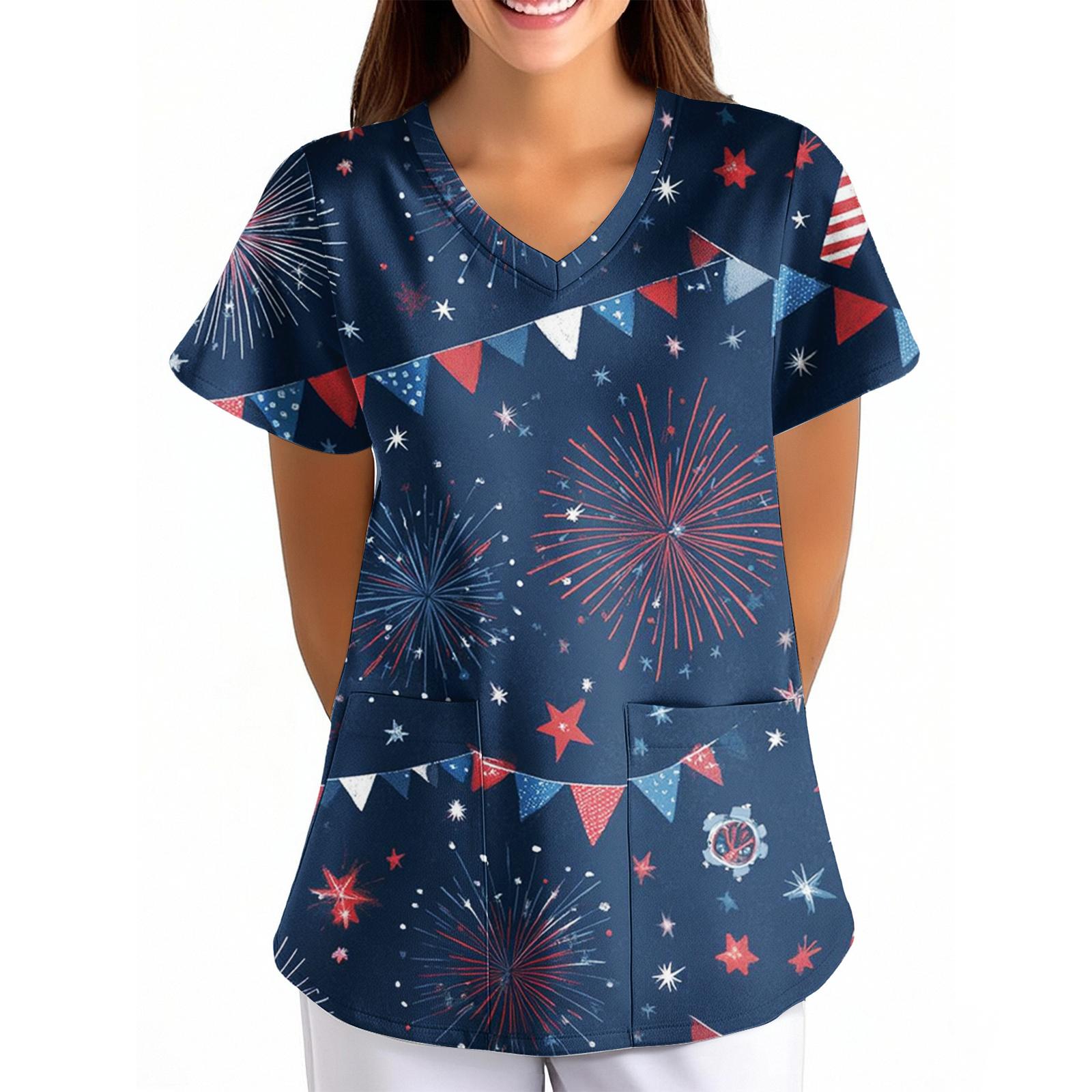 Women s Independence Day Printed Loose V-Neck Pocket Short-Sleeved Clothing XL