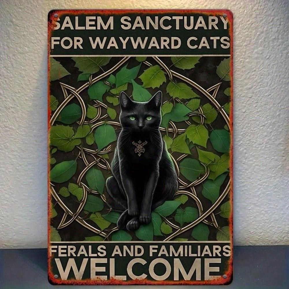 

Witchy Cat Sanctuary Metal Plaque, Vintage Ferals and Familiars Welcome Black Cat Decor, Home Art AccentforCat&Witchcraft Fans 20x30cm（7.8x11.8inch）