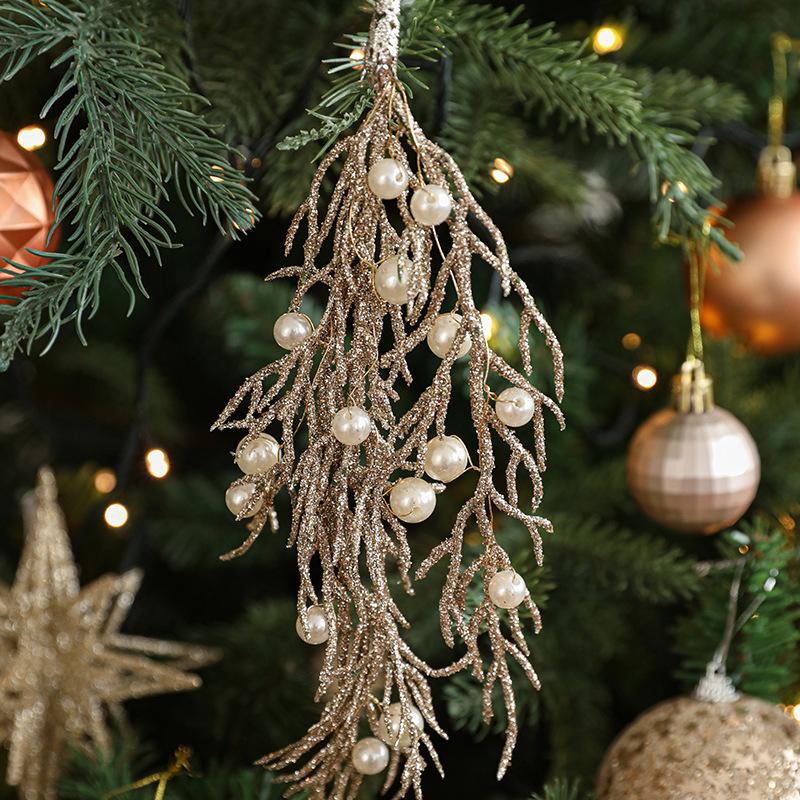 Champagne Irregular Pendant with Pearls, Plastic Cypress Leaf, Christmas Tree Ornament
