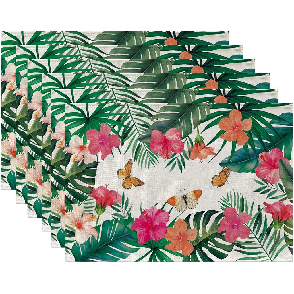 4/6pcs Tropical Plants Hibiscus Flower Table Mats, Spring And Summer Floral Palm Leaves Monstera Butterfly Dining Place Mats for Table Decoration, Haw