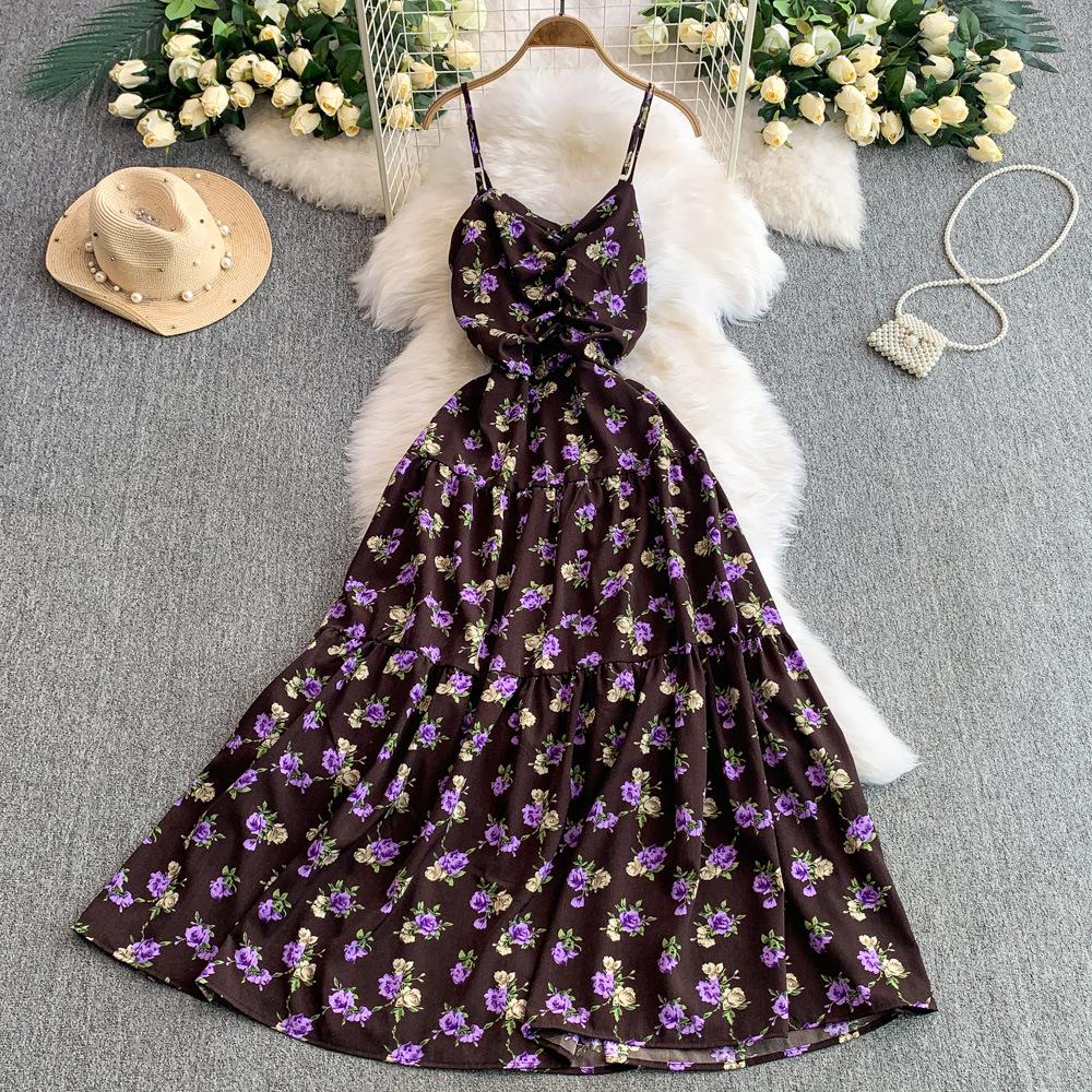 French floral suspender dress women's summer new sexy backless waist thin pleated pendulum dress