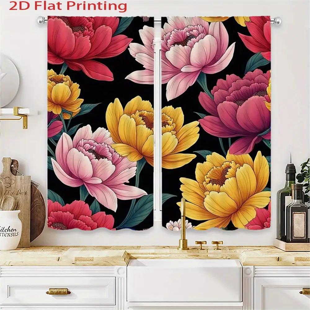 2D Flat, 2pcs Elegant Floral Curtains - Black Background with Pink, Yellow, White Peonies - Light Blocking Window Drapes - Machi