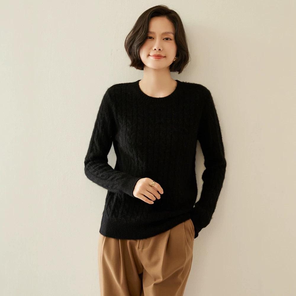 Women's Retro Cable Knit Cashmere Pullover Sweater, Round Neck, Slim-Fit, Autumn/Winter 2024 Collection