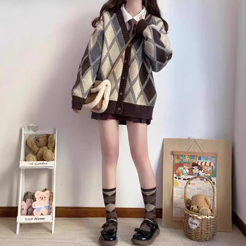 Women's Retro Japanese Argyle Sweater - Loose Fit, Soft Knit Cardigan for Autumn and Winter