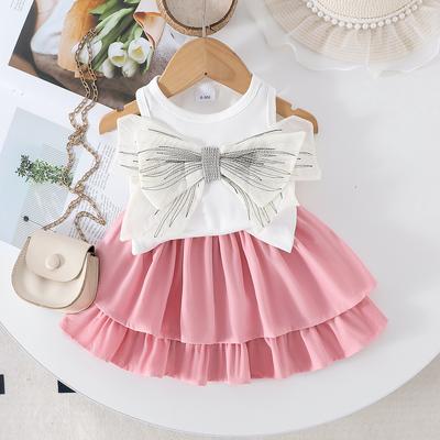 Girls' Sweet Set Summer Children's Fashion and Cute Bow-decorated Sleeveless Top + Puffy Skirt Set