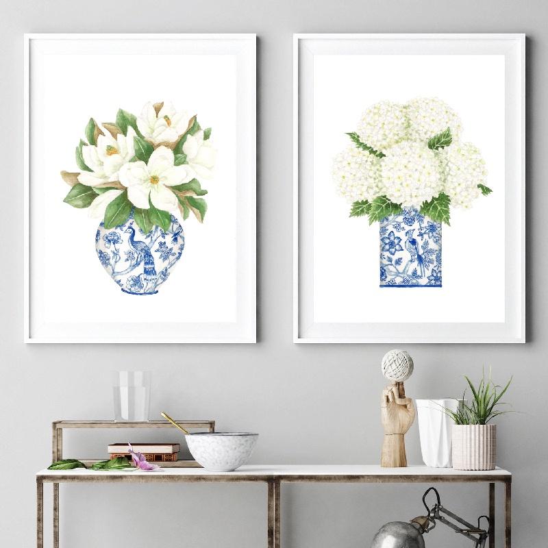 Blue and White China Magnolia Hydrangea Prints Chinoiserie Art Canvas Painting Gallery Wall Art Picture Poster Trendy Wall Decor
