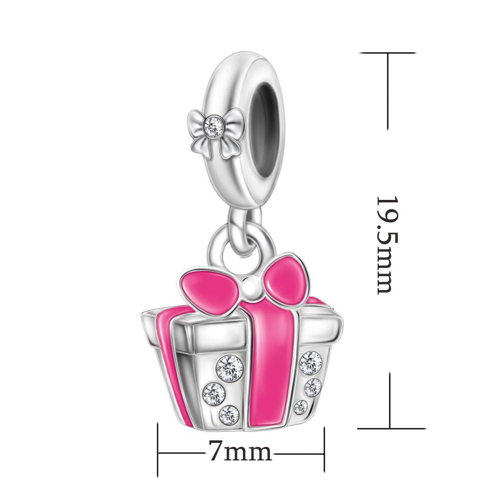 

S925 Silver Pink Ribbon Gift Box Pendant Beaded Bracelet Necklace DIY Craft Jewelry Accessories Loose Beads