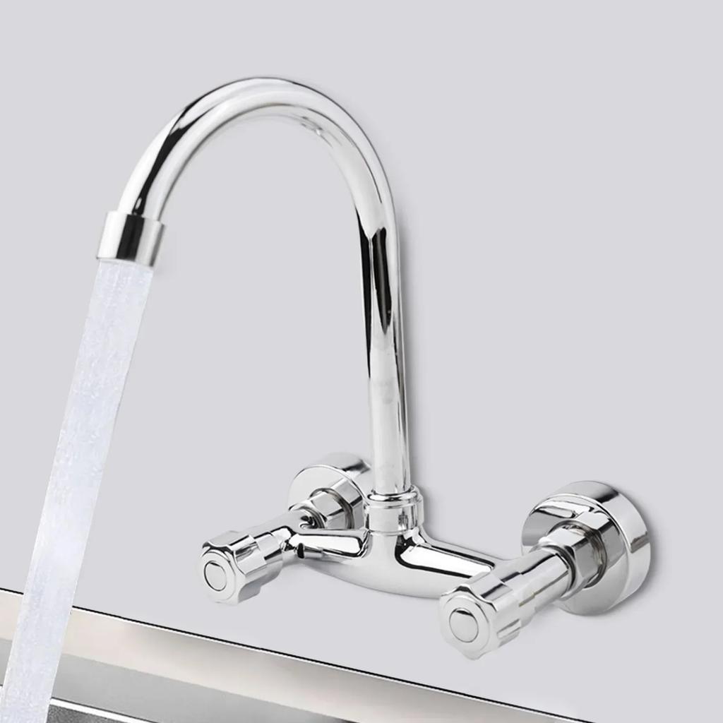 Kitchen Faucet Wall Mounted Brass Sink Faucet Mixer 360 Degree Swivel Double Hole Bathroom Hot And Cold Mixing Valve Tap