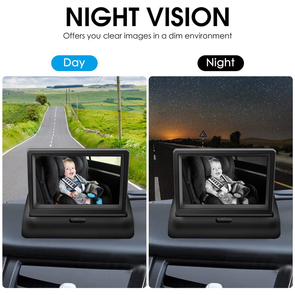 1080P Baby Car Camera, 4.3  Baby Monitor with Night Vision Function and 150 degrees  Wide View, 360 degrees  Rotation