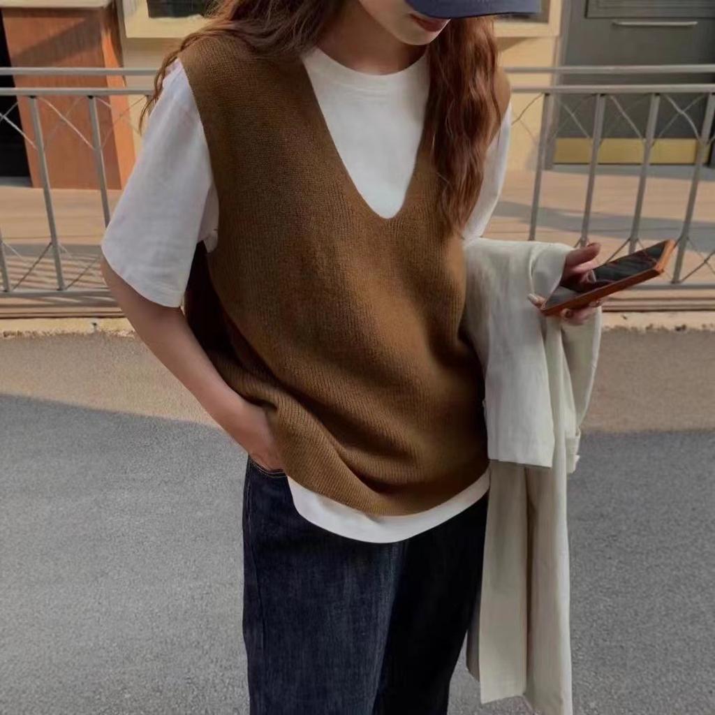 Vintage V-neck knit vest for women, new cross-border loose simple, solid sleeveless knit vest casual outerwear