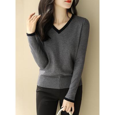 Women's Spring and Autumn Long-sleeved V-neck Knitted Colorblocking Pullover Sweater Long-sleeved Slim Bottoming Shirt