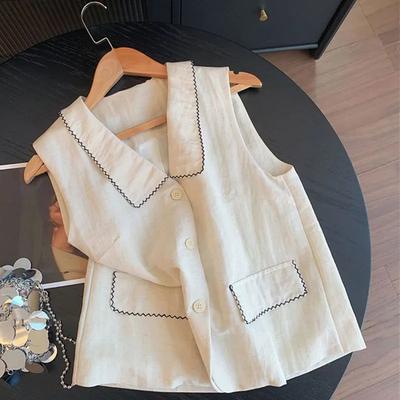 Women Beige Linen V Neck Sleeveless Casual Layering Button Vest