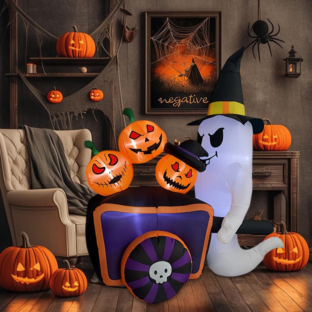 Halloween Inflatable Cart Pumpkin Inflatable Ornaments LED Light Outdoor Garden Decorations