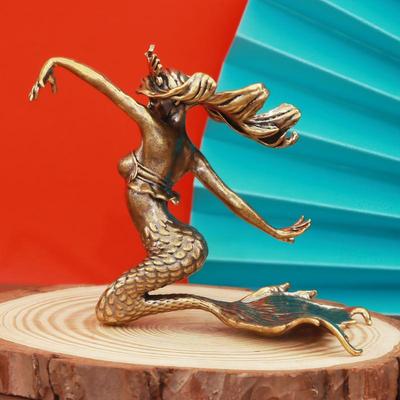 Small Brass Mermaid Figurine Retro Beauty Miniature Sculpture Nautical Desktop Shelf Ornament for Living Room Collectible