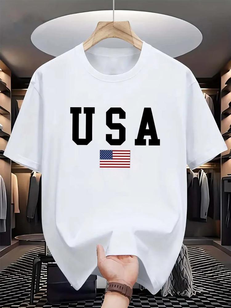 Men's 100% Cotton Able Casual Loose Fit USA American National Flag Graphic Round Neck Short Sl