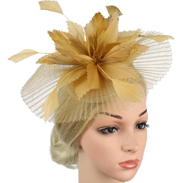 Hemobllo Voile en Maille de Mariée Hauts Chapeau avec Plume, Headpiece en Maille Dorée pour Femmes Mariage Fête du Thé, Accessoire pour Occasion Spéciale