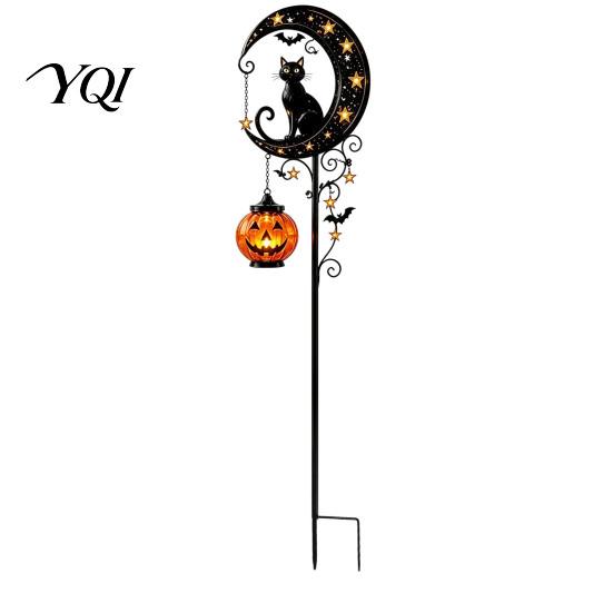Black Cat And Pumpkin Lawn Decor Halloween Solar Garden Light, Moon Stake Pathway Lights for Home Courtyard Waterproof LED Yard Decoration Outdoor