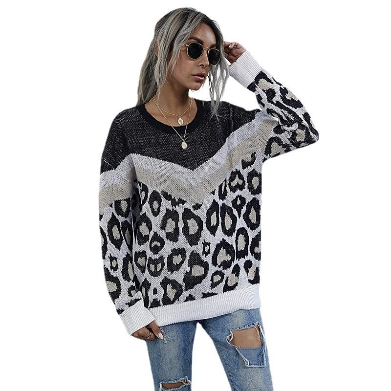 Vintage Fashion Elegant Casual Autumn Leopard Print Color Blocking Long-sleeved Loose Medium-length Round Neck Knit Sweater Women