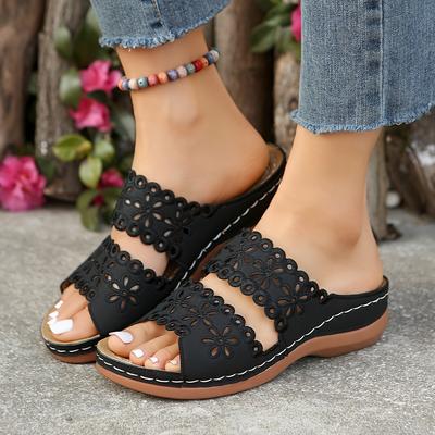 Sandali a sabot da donna floreali traforati - Estivi, traspiranti, design aperto, tacco medio, scarpe casual con suola morbida in PU, sandali con cinturino incrociato