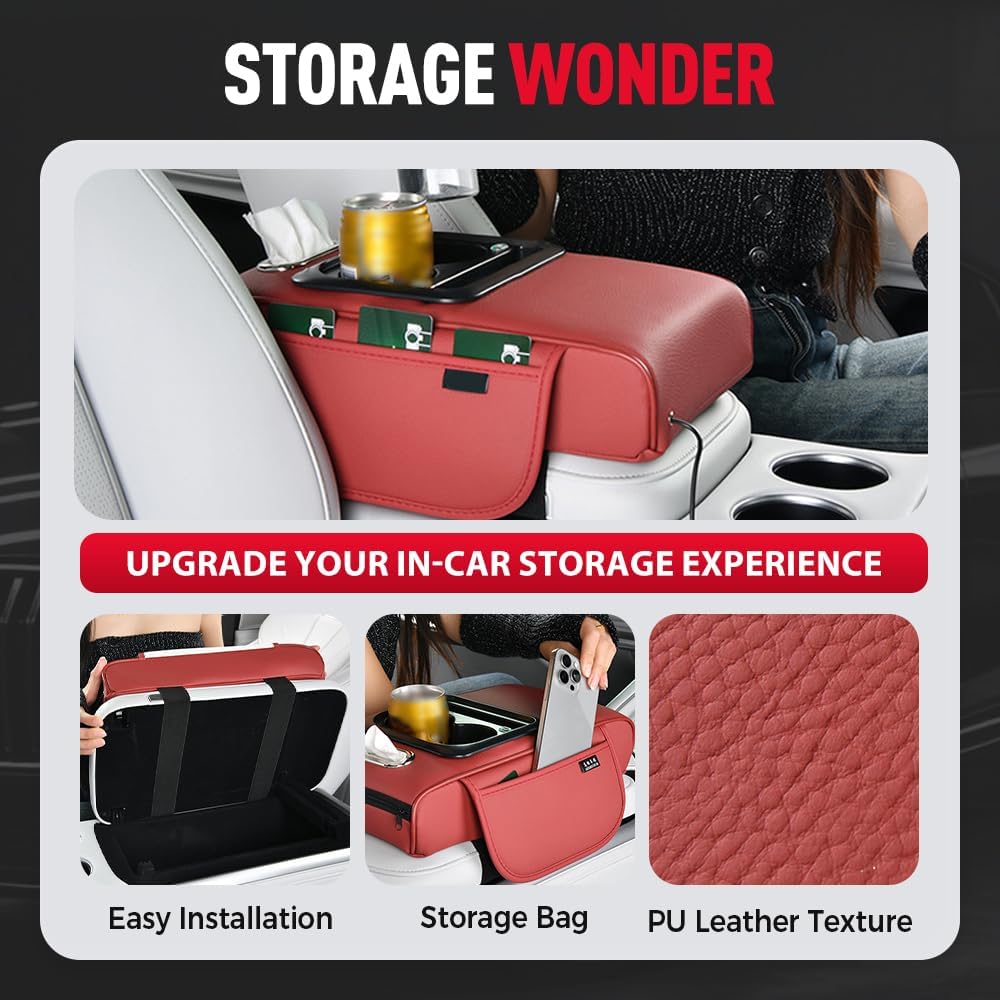 Multifunctional PU Leather Car Armrest Box Mat, 2026 New Universal Car Armrest, Durable Center Console Organizer for Family Travel, Portable Cars