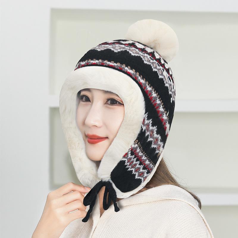Ethnic Knitted Hat Women's Thick Windproof Cold-Proof Bomber Hat Winter Warm Ear Protection Hat