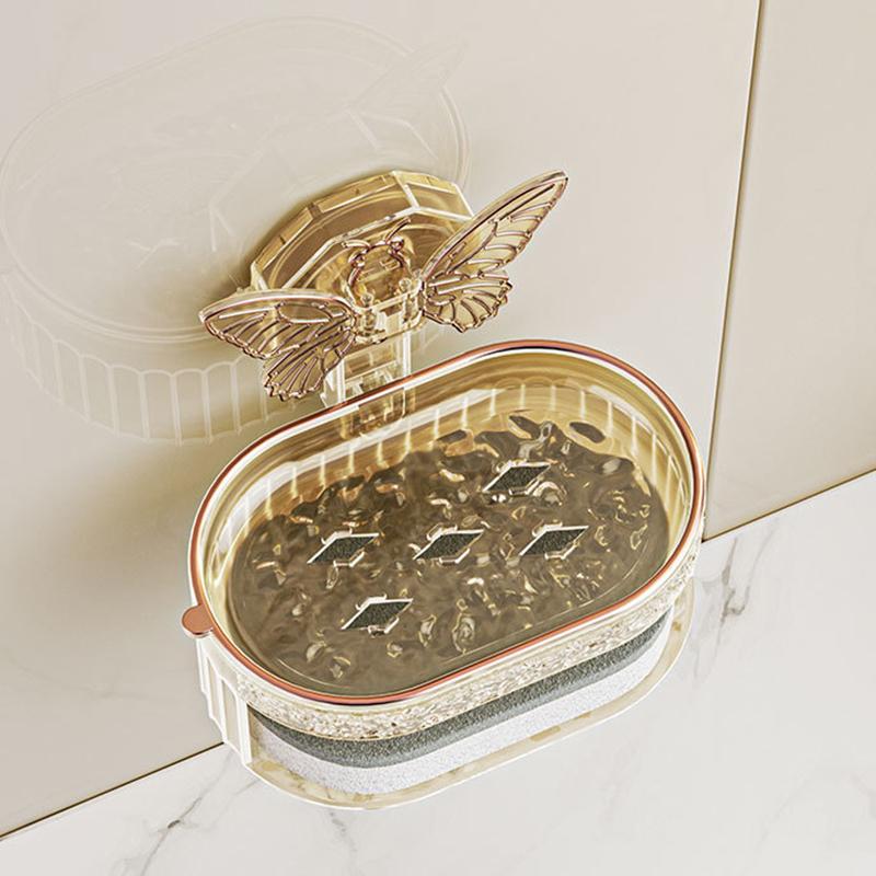 Seifenhalter mit Saugnapf und Schmetterlingsdesign, Doppellagige Seifenschale mit Schwamm und Abfluss, Bohrfreies Seifenregal